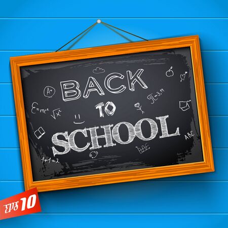 Lettering back to school and sketched educational symbols at chalkboard on textured blueのイラスト素材
