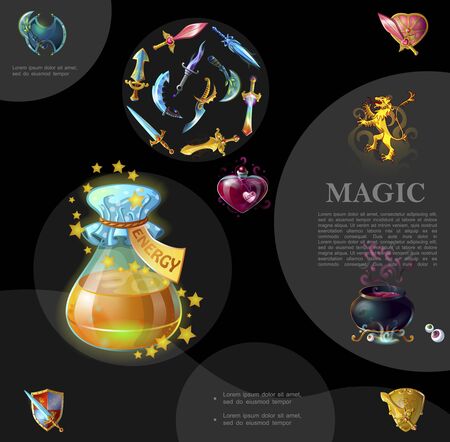 Cartoon game template with swords daggers shields heraldic royal lion witch cauldron bottles of energy and love magic potionsのイラスト素材