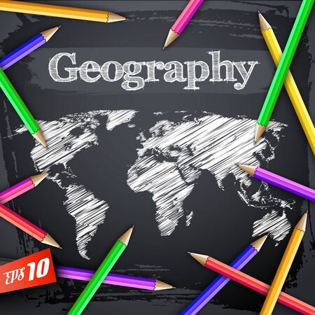 Education geographic  with hatching world map and colorful pencils on black chalkboardのイラスト素材