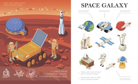 Isometric space research concept with astronauts  rocketのイラスト素材