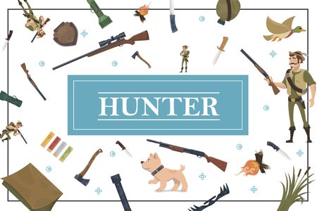 Flat hunting elements concept with hunter holding shotgunのイラスト素材