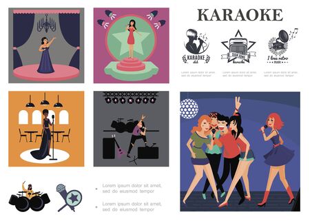 Flat musical entertainment composition with people singing in different musical stylesのイラスト素材