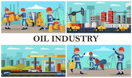 Flat oil industry composition with industrial workersのイラスト素材