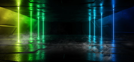 Smoke Fog Neon Glowing Laser Green Blue beams Pillars Concrete GRunge Tiled Floor Alien Spaceship Cyber Tunnel Corridor Dark NIght Warehouse 3D Rendering Illustrationの写真素材