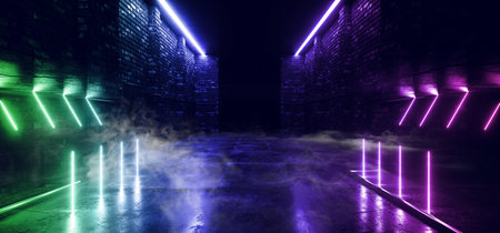 Smoke Fog Neon Glowing Laser Blue Green Purple Beams Pillars Concrete Grunge Tiled Floor Alien Spaceship Cyber Tunnel Corridor Dark NIght Warehouse 3D Rendering illustrationの写真素材