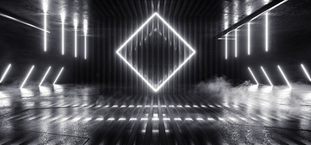 Smoke Fog Sci Fi Futuristic Neon Glowing Laser White Beams Pillars Concrete Grunge Tiled Floor Alien Spaceship Cyber Tunnel Corridor Dark NIght Warehouse 3D Rendering illustrationの写真素材