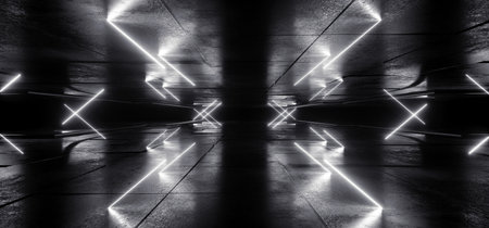 Neon Glowing Sci Fi  Glowing White Futuristic Laser Beams Bouncing On Dark Grunge Concrete Tiled Floor Night Stage Showroom Garage Warehouse Cyber Background 3D Rendering illustrationの写真素材