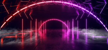 Smoke Fog Sci Fi Futuristic Neon Glowing Laser Arc Construction Stage Purple Red Blue Beams Pillars Concrete Grunge Tiled Floor Alien Spaceship Cyber Tunnel Corridor Dark NIght Warehouse 3D Rendering illustrationの写真素材