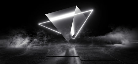 Smoke Fog Neon Laser Sci Fi Futuristic Glass Pillars Stage Podium Glowing White Pyramid Arc Cyber Synth Alien Spaceship Garage Concrete Reflective Background 3D Rendering Illustrationの写真素材