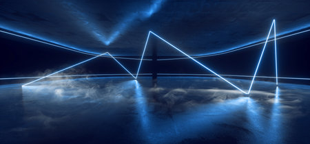 Smoke Steam Neon Laser Sci Fi Futuristic Glowing Blue Shape Lines Beams On Grunge Reflective Concrete TUnnel Warehouse Garage Showroom 3D Rendering Illustrationの写真素材