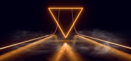 Smoke Fog Cyber Virtual |Orange Triangle Corridor Laser Neon Glowing Sci Fi Futuristic Warehouse Grunge Concrete Stage Room Garage Underground Alien Spaceship Background  Synth 3D Rendering Illustrationの写真素材