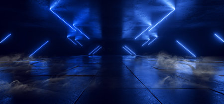 Smoke Fog Neon Glowing Laser Blue Beams Pillars Concrete Grunge Tiled Floor Alien Spaceship Cyber Tunnel Corridor Dark NIght Warehouse 3D Rendering illustrationの写真素材
