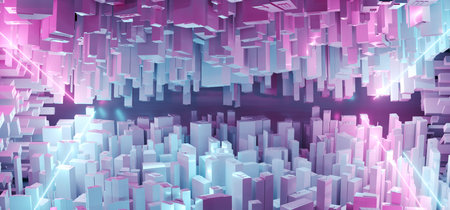Abstract Bright White Modern Futuristic Sci Fi Fantasy Blue And Purple Lighted Neon Tubes City Closeup Tech Concept Background Wallpaper 3D Rendering Illustrationの写真素材