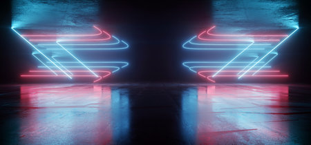 Neon Glowing Sci Fi  Glowing Arrows Red Blue Futuristic Laser Beams Bouncing On Dark Grunge Concrete Tiled Floor Night Stage Showroom Garage Warehouse Cyber Background 3D Rendering illustrationの写真素材