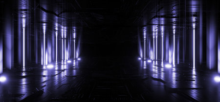 Neon Lights Glowing Line Beams Lasers Podium Showcase Blue Violet Metal Concrete Underground Sci Fi...