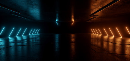Neon Glowing Sci Fi  Glowing Alien Blue Orange Futuristic Laser Beams Bouncing On Dark Grunge Concrete Tiled Floor Night Stage Studio Garage Warehouse Cyber Background 3D Rendering illustrationの写真素材