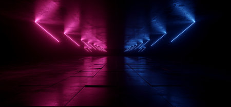 Neon Glowing Sci Fi  Glowing Purple Blue Futuristic Laser Beams Bouncing On Dark Grunge Concrete Tiled Floor Night Stage Showroom Garage Warehouse Cyber Background 3D Rendering illustrationの写真素材