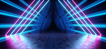 Futuristic Neon Dark Stage Construction Glow Purple Blue Retro Modern Sci Fi  Future Tunnel Corridor Hallway Grunge Concrete Reflection Shapes Fluorescent Lasers 3D Rendering Illustrationの写真素材