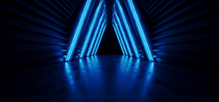 Future Neon Sci Fi Blue Triangle Shaped Spaceship Concrete Grunge Virtual Reality Tunnel Corridor Hallway Entrance Path Dark Glow Fluorescent Laser Led 3D Rendering Illustrationの写真素材