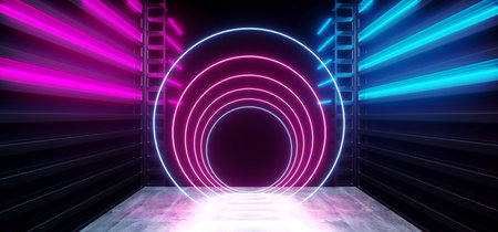 Futuristic Neon Dark Stage Construction Glow Purple Blue Retro Modern Sci Fi  Future Tunnel Corridor Hallway Grunge Concrete Reflection Shapes Fluorescent Lasers 3D Rendering Illustrationの写真素材