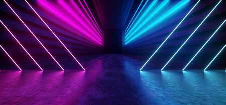 Futuristic Neon Dark Stage Construction Glow Purple Blue Retro Modern Sci Fi  Future Tunnel Corridor Hallway Grunge Concrete Reflection Shapes Fluorescent Lasers 3D Rendering Illustrationの写真素材