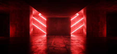 Sci Fi Neon Cyber Futuristic Modern Retro Alien Dance Club Glowing Electric Cyber Red Lights In Dark Empty Grunge Concrete Reflective Room Corridor Background 3D Rendering Illustrationの写真素材