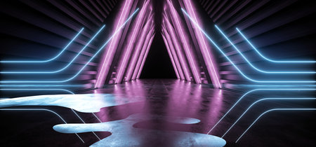 Future Triangle Neon Glow Retro Purple Blue Modern Sci Fi Futuristic Laser Stage Alien Spaceship Dark Corridor Tunnel Empty Concrete Grunge Reflective Virtual Stage Showcase Hallway 3D Rendering  Illustrationの写真素材