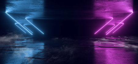 Smoke Fog Neon Glowing Laser Blue Purple Beams Pillars Concrete Grunge Tiled Floor Alien Spaceship Cyber Tunnel Corridor Dark NIght Warehouse 3D Rendering illustrationの写真素材