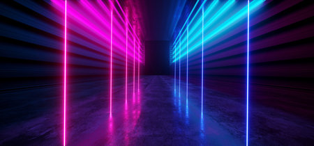 Futuristic Neon Dark Stage Construction Glow Purple Blue Retro Modern Sci Fi  Future Tunnel Corridor Hallway Grunge Concrete Reflection Shapes Fluorescent Lasers 3D Rendering Illustrationの写真素材