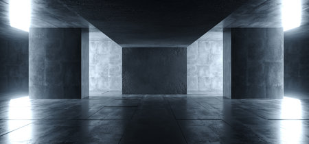 Sci Fi Futuristic Bright Dark Empty Studio Podium Showroom Reflective Grunge Concrete Glowing Elegant Room Tunnel Empty Space Background 3D Rendering Illustrationの写真素材