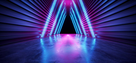 Future Triangle Neon Glow Retro Purple Blue Modern Sci Fi Futuristic Laser Stage Alien Spaceship Dark Corridor Tunnel Empty Concrete Grunge Reflective Virtual Stage Showcase Hallway 3D Rendering  Illustrationの写真素材