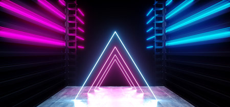 Futuristic Neon Dark Stage Construction Glow Purple Blue Retro Modern Sci Fi  Future Tunnel Corridor Hallway Grunge Concrete Reflection Shapes Fluorescent Lasers 3D Rendering Illustrationの写真素材