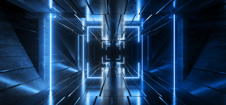 Neon Laser Shutter Like Frame Rectangle Blue  Sci Fi Futuristic Glowing Lights In Dark Hallway Tunnel Corridor Retro Wave Background Metal Concrete 3D Rendering illustrationの写真素材