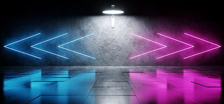 Neon Arrow Shaped Sci Fi Modern Futuristic Alien Purple Pink Blue Glowing Laser Led Lights Empty Space Background Grunge Reflective Concrete Tiles 3D Rendering Illustrationの写真素材