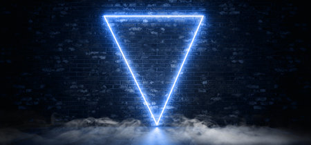 Sci Fi Futuristic Smoke Fog Neon Laser Triangle Garage Brick Room Classic Blue Pantone Cyber Underrgound Warehouse Concrete Reflective Studio Podium Club 3D Rendering Illustrationの写真素材