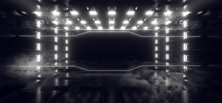 Smoke Sci Fi Futuristic Metal Reflective Schematic Textured Motherboard Floor Realistic Modern Neon Glowing Laser Lines Beams White Electric Shape Empty Background 3D Rendering Illustrationの写真素材