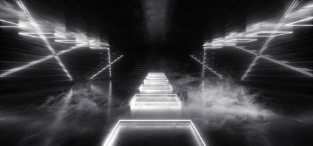 SCi Fi Futuristic Metal Reflective Schematic Textured Motherboard Floor Realistic Modern Neon Glowing Laser Triangle Arc Beams White Electric Shape Empty Background 3D Rendering illustrationの写真素材