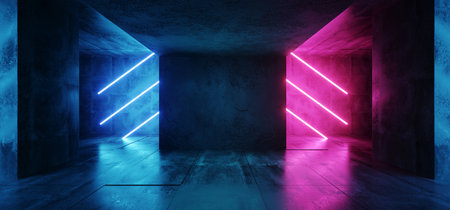 Sci Fi Neon Cyber Futuristic Modern Retro Alien Dance Club Glowing Purple Pink Blue Lights In Dark Empty Grunge Concrete Reflective Room Corridor Background 3D Rendering Illustrationの写真素材