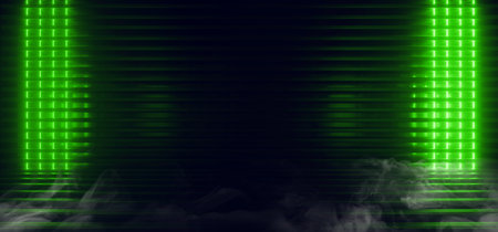 Smoke Neon Glowing Background Green Laser Striped Metal Structure Podium Stage Warehouse Room Hall Garage Dark Night Empty Shape 3D Rendering Illustrationの写真素材