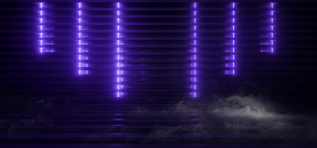 Smoke Neon Glowing Background Blue Violet Laser Striped Metal Reflective Structure Podium Stage...