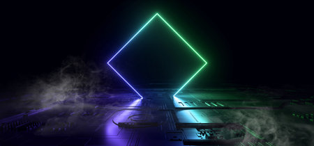 Smoke SCi Fi Futuristic Metal Reflective Schematic Textured Motherboard Floor Realistic Modern Neon Glowing Laser Circle Blue Green Electric Shape Empty Background 3D Rendering Illustrationの写真素材