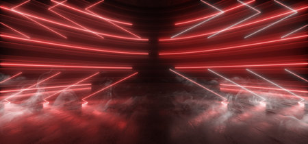 Smoke Sci Fi Futuristic Neon Red Podium Synthwave Tunnel Corridor Background Fashion Parking Warehouse Garage Underground Cement Arrows 3D REndering Illustrationの写真素材