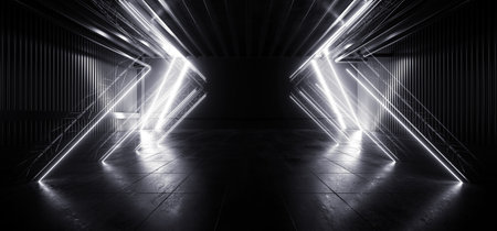 Sci Fi Futuristic Triangle Construction White Neon Concrete Studio Lights Dark Tunnel Corridor Alien...