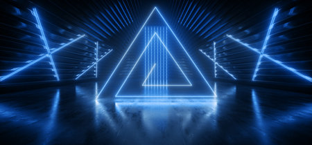 Neon Laser Triangle Alien Spaceship Tunnel Corridor Background Pantone Blue Glowing Concrete Grunge Reflective Cyber Modern Hallway 3D Rendering Illustrationの写真素材