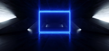 Neon Lights Background Rectangle Frame Blue Vibrant Lasers Stage Show Underground Garage Hall Tunnel Corridor Cement Concrete Grunge Reflections Dark Empty Space Ship 3D Rendering Illustrationの写真素材