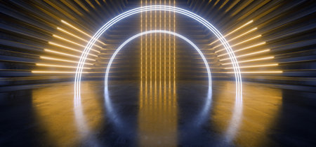 Neon Laser Triangle Circle Arc Alien Spaceship Tunnel Corridor Background Pantone Blue Yellow Stage Podium Lights Glowing Concrete Grunge Reflective Cyber Modern Hallway 3D Rendering illustrationの写真素材