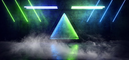 Smoke Fog Futuristic Sci Fi Blue Green Pantone Glowing Laser Neon Beams Virtual Graphic Cyber Garage Stage Studio Underground Hallway Parking Showcase 3D Rendering Illustrationの写真素材