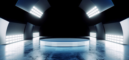 Sci Fi Modern Futuristic Neon Blue Vibrant Colors With Empty Circle Stage Hall Glowing With Big White Lights Studio On Grunge Reflective Concrete Dark Room 3D Rendering Illustrationの写真素材