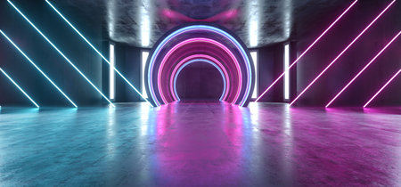 Future Sci Fi Circle Concrete Grunge Neon Lights Glowing Purple Blue Laser Fluorescent Dark Empty Underground Tunnel Corridor Vibrant Garage Gallery Arc Entrance Gate 3D Rendering Illustrationの写真素材