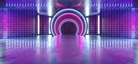 Future Sci Fi Circle Concrete Grunge Neon Lights Glowing Purple Blue Laser Fluorescent Dark Empty Underground Tunnel Corridor Vibrant Garage Gallery Arc Entrance Gate 3D Rendering Illustrationの写真素材